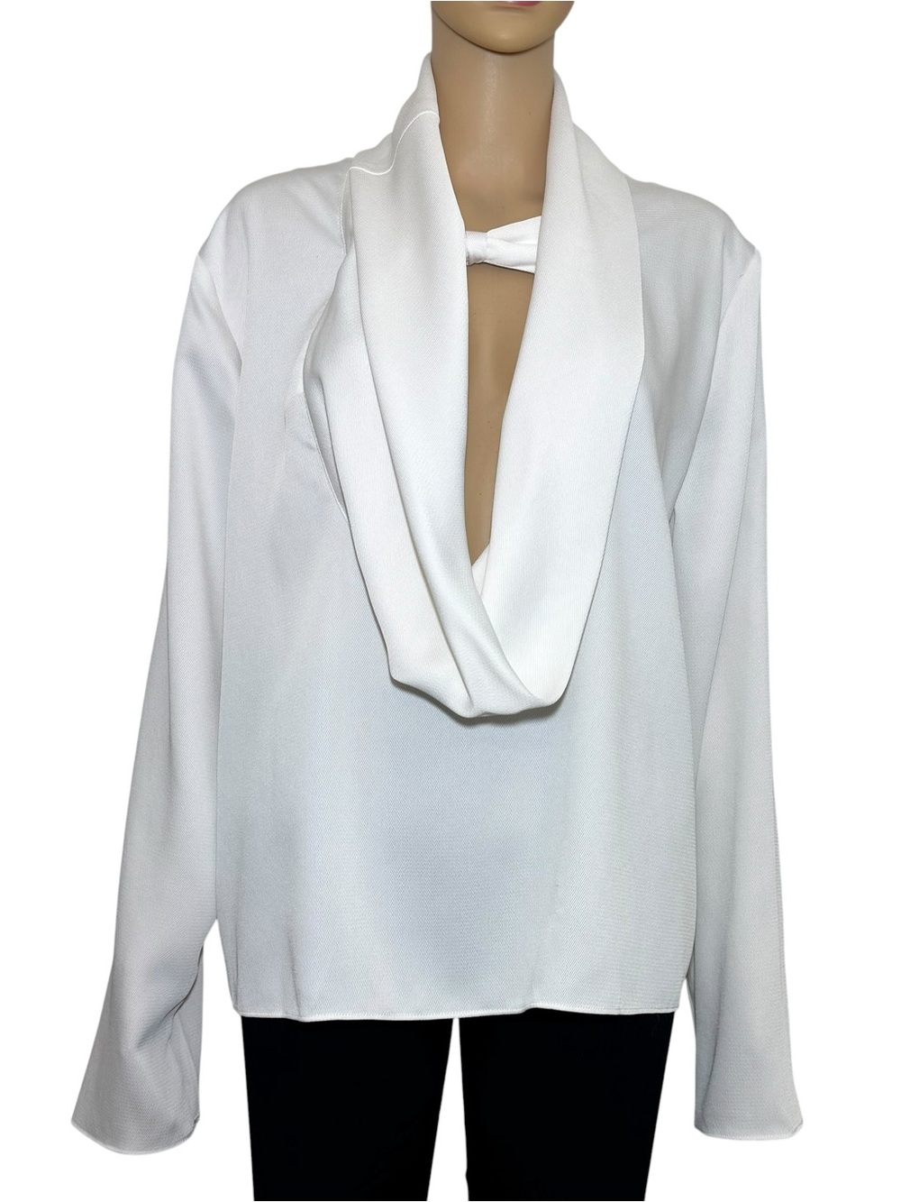 H&M White Long Sleeve Blouse with Drape Cowl Neck Collar